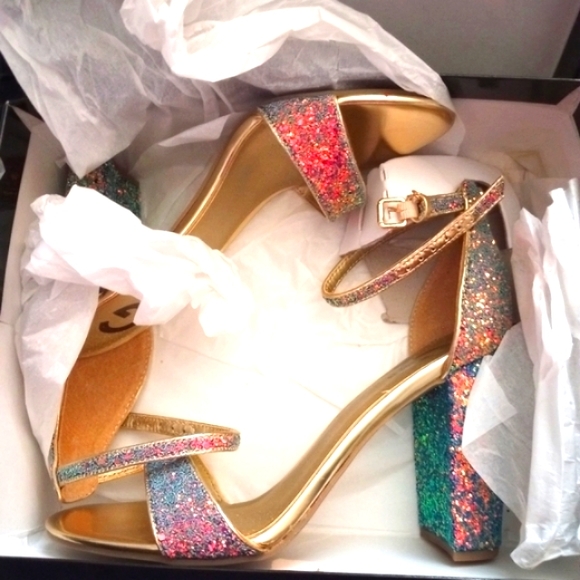 NEW! Sparkling GUESS Block High Heel OPEN TOE Shoes Metallic FORMAL PROM… - Picture 13 of 14